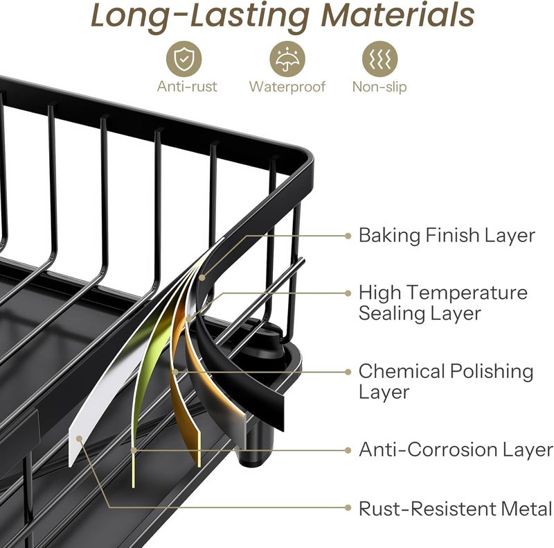 SNTD Dish Drying Rack - Small Dish Rack for Kitchen Counter, Stainless Steel Dish Drainer with Utensil Holder and Drainboard, 11" W x 15" L (Black) - Image 5